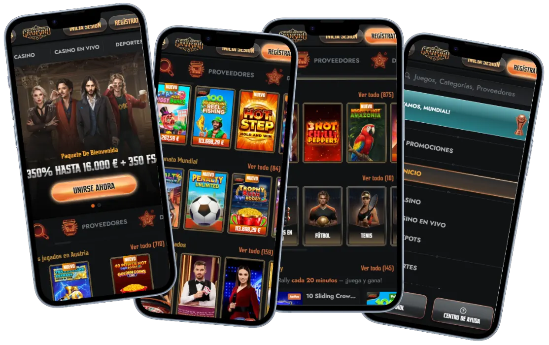 Burst Games aplicación móvil con casino, deportes y juegos en diferentes pantallas