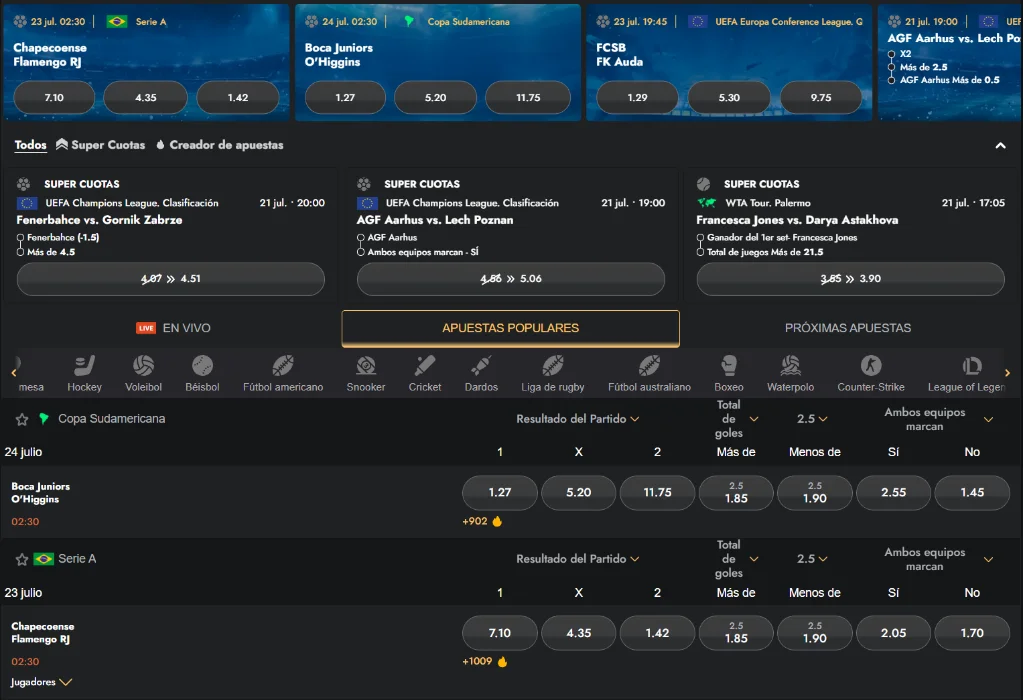 Burst Games sección de apuestas deportivas con partidos, cuotas y mercados disponibles